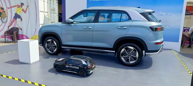 Side profile of the Hyundai Creta Electric on the display platform