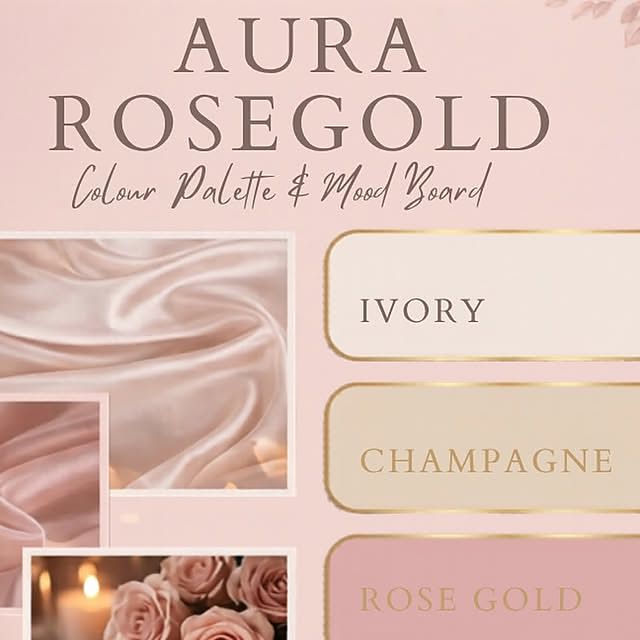 Aura Rosegold colour palette and mood board in ivory, champagne and rose gold