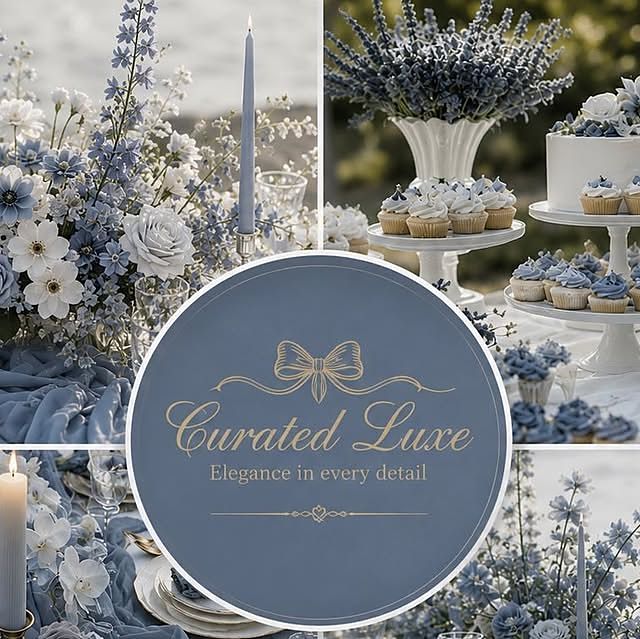 Blue and white luxe tablescape with baby's breath and layered glassware