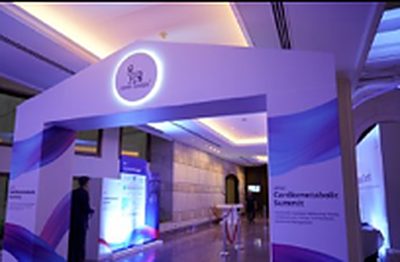 Branded entrance arch and wayfinding at the APAC Cardiometabolic Summit