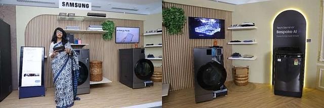 Samsung product launch display wall with new washing machine and refrigerator models