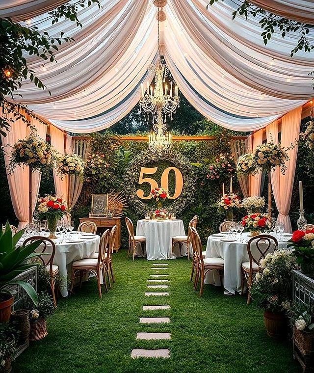 Fiftieth birthday garden celebration with draped canopy, chandelier and a lit number installation