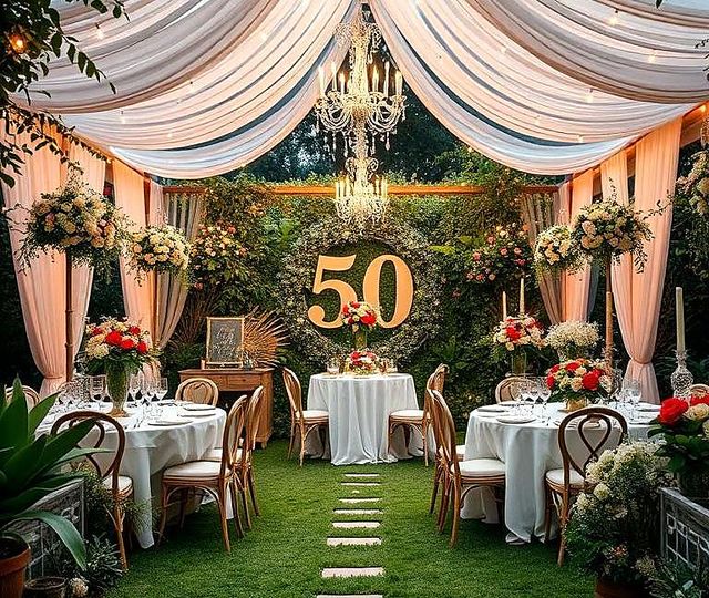 Marigold and foliage canopy above an outdoor ceremony aisle